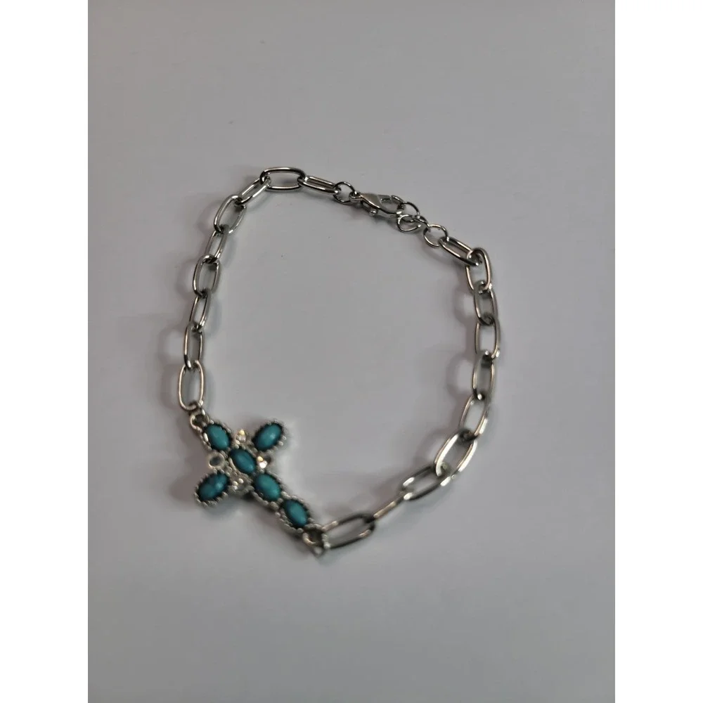 Silver Tone Blue Bracelet Cabochon Cross Bracelet Paperclip Chain Western Boho